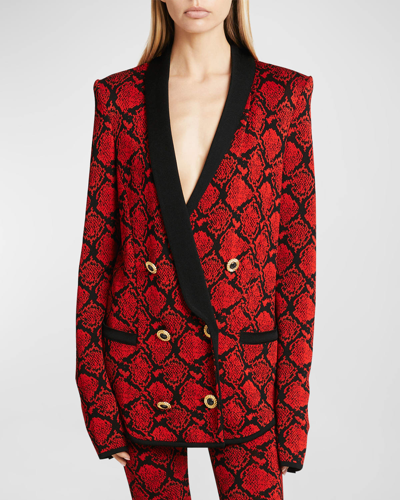 Shop Balmain Double-breasted Shawl-collar Python Knit Blazer Jacket In Blackred