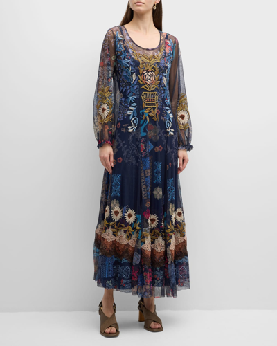 Shop Johnny Was Elrey Floral-print Embroidered Mesh Maxi Dress In Multi