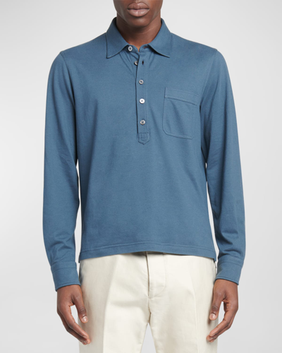 Shop Tom Ford Men's Cotton-silk Pique Polo Shirt In Blue