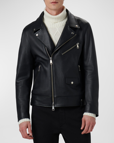 Shop Bugatchi Men's Full-zip Leather Biker Jacket In Caviar