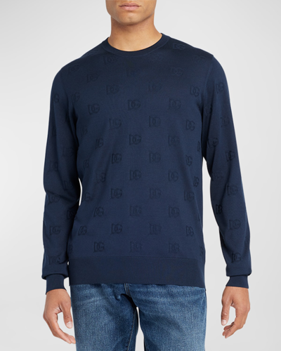 Shop Dolce & Gabbana Men's Dg Jacquard Silk Sweater In Dark Blue