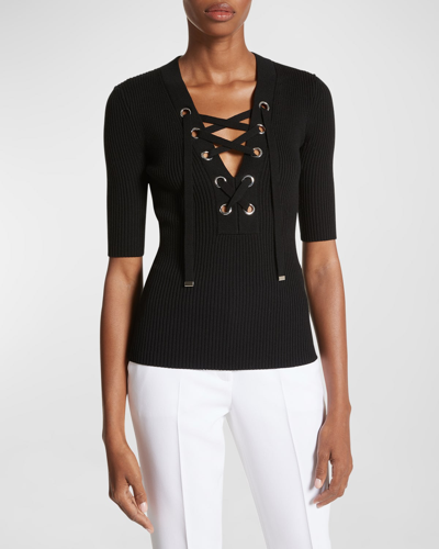 Shop Michael Kors Short-sleeve Rib Knit Lace-up Top In Black