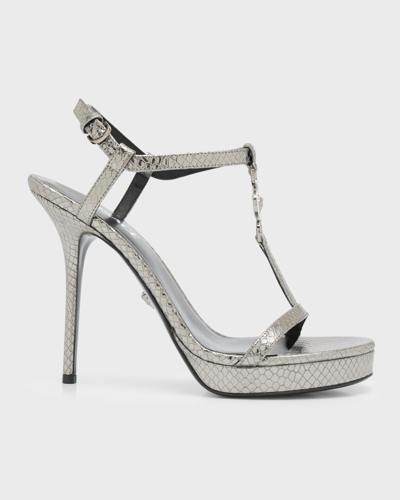 Shop Versace Medusa Metallic T-strap Platform Sandals In Anthracite-ruthen