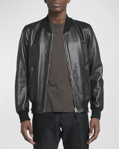 Shop Tom Ford Men's Grained Leather Bomber Jacket In Black