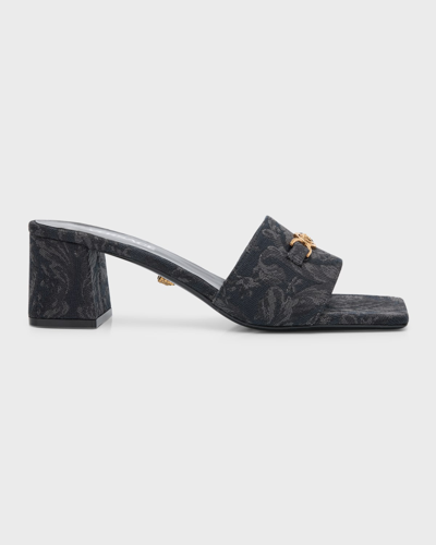 Shop Versace Medusa Denim Mule Sandals In Black- Gol