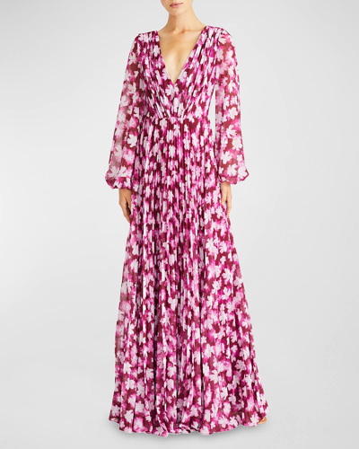 Shop ml Monique Lhuillier Melanie Pleated Floral-print Chiffon Gown In Floral Shadow