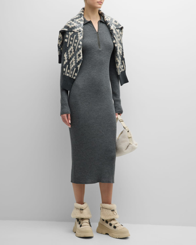 Shop Brunello Cucinelli English Ribbed Body-con Midi Cashmere Dress With Monili Zip Placket In C079 Charcoal