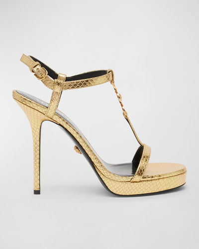 Shop Versace Medusa Metallic T-strap Platform Sandals In Gold- Gold