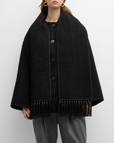 Shop Totême Embroidered Fringe-trim Scarf Wool Jacket In Black