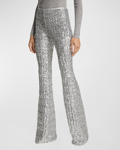 Shop Michael Kors Stretch Sequin Flare Pants In Silver