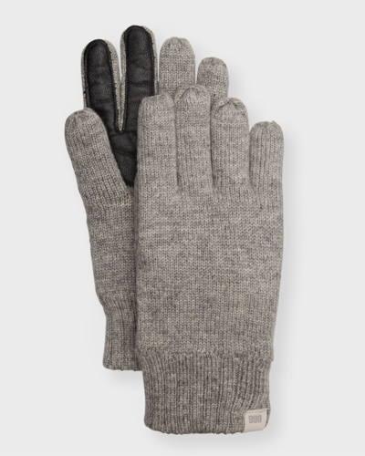Shop Ugg Men's Knit Gloves With Leather Palm Patch In Light Grey