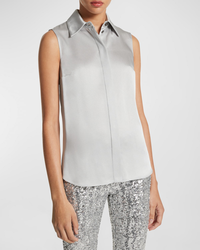 Shop Michael Kors Hansen Sleeveless Satin Collared Shirt In Pearl