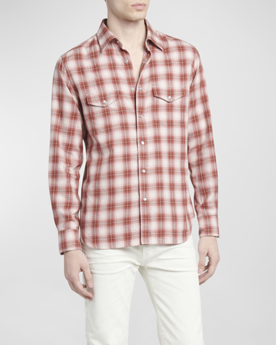 Shop Tom Ford Men's Gradient Check Western Button-down Shirt In Red