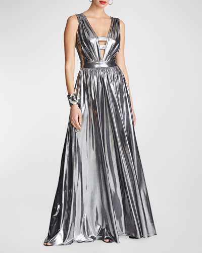 Shop Halston Titania Sleeveless Cutout Foiled Jersey Gown In Luster