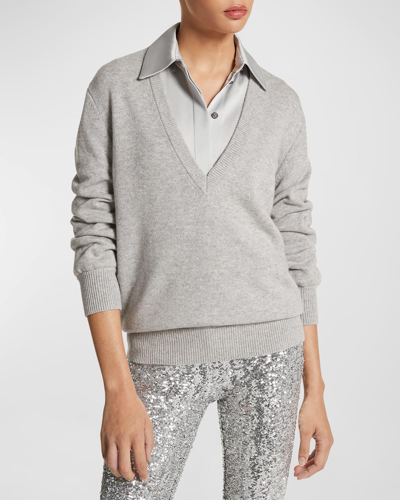 Shop Michael Kors Cashmere Push-sleeve Knit Sweater In Pearl Mel