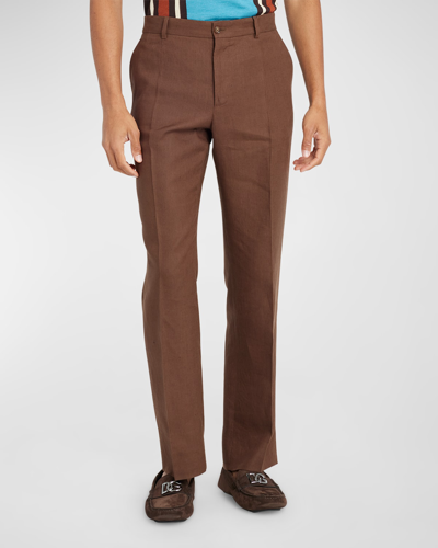 Shop Dolce & Gabbana Men's Linen Straight-leg Pants In Dark Brown