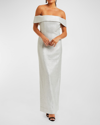 Shop Mestiza New York Mona Off-shoulder Metallic Column Gown In Silver