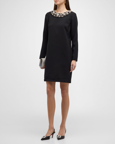 Shop Carolina Herrera Embellished Long-sleeve Shift Mini Dress In Black
