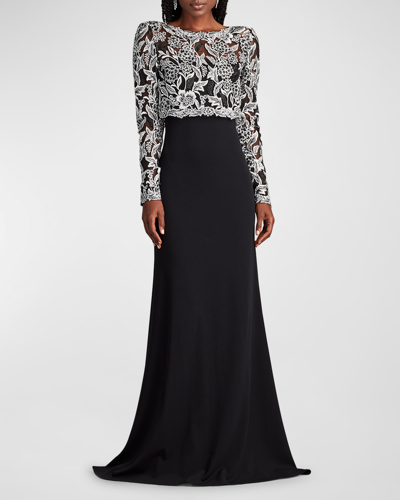Shop Tadashi Shoji A-line Floral-embroidered Lace & Crepe Gown In Ivoryblack