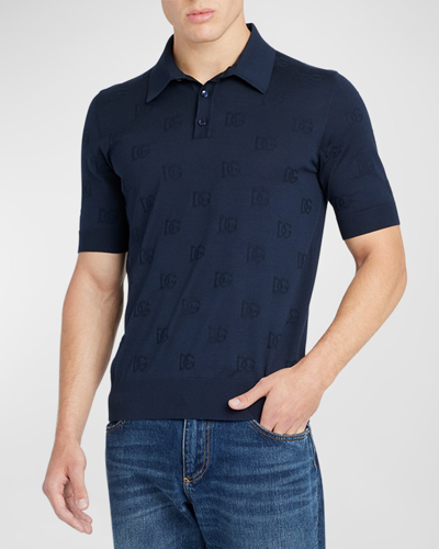 Shop Dolce & Gabbana Men's Dg Jacquard Silk Polo Shirt In Dark Blue