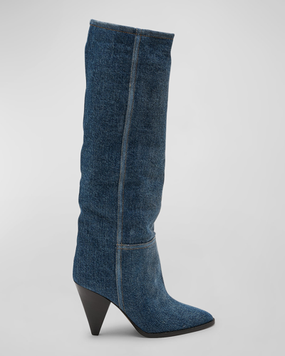 Shop Isabel Marant Ririo Denim Knee Boots In Washed Blue