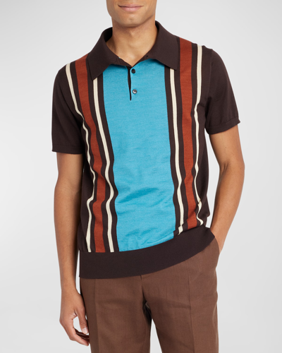 Shop Dolce & Gabbana Men's Retro Striped Cashmere-silk Polo Shirt In Brown