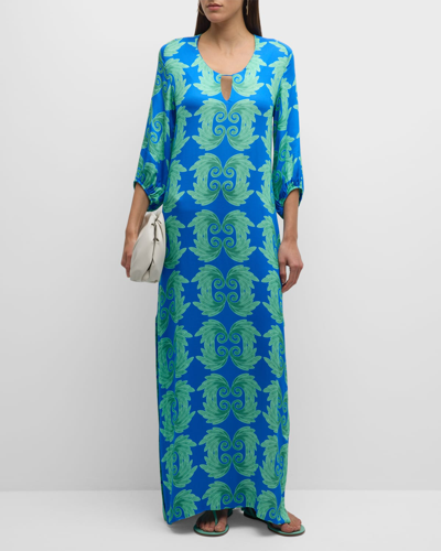 Shop Themis Z Zoe Geometric-print Blouson-sleeve Maxi Kaftan In Blue Green