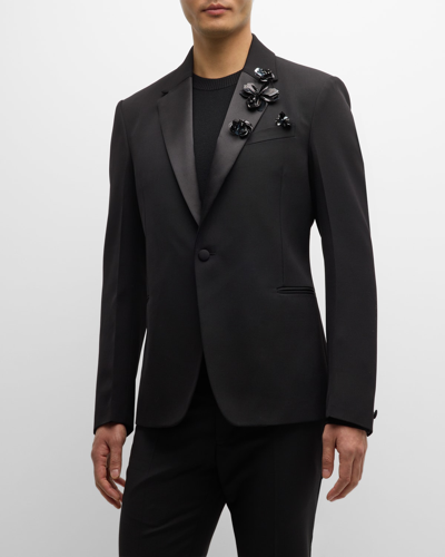 Shop Versace Men's Tuxedo Jacket With Floral Appliques In Black
