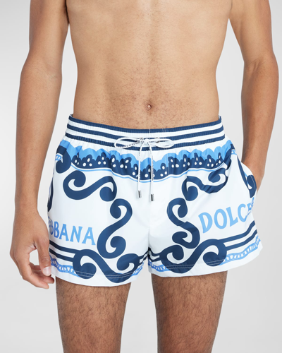 Shop Dolce & Gabbana Men's Logo Bandana-print Swim Shorts In Wht/ligblu