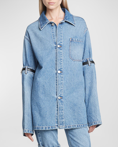 Shop Coperni Oversize Denim Jacket With Open Elbow Detail In Washed Blue