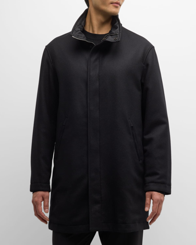 Shop Emporio Armani Men's Reversible Chevron Caban Coat With Stowaway Hood In Black