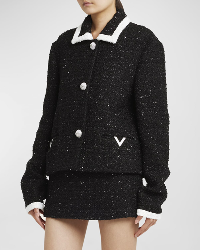 Shop Valentino Metallic Tweed Contrast-trim Collared Blazer Jacket In Black Ivory