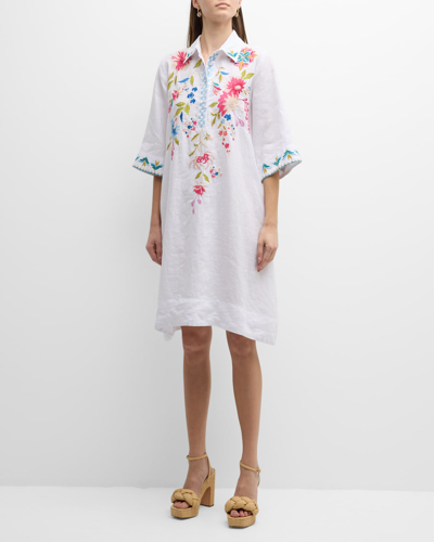 Shop Johnny Was Julie Floral-embroidered Linen Shift Dress In White