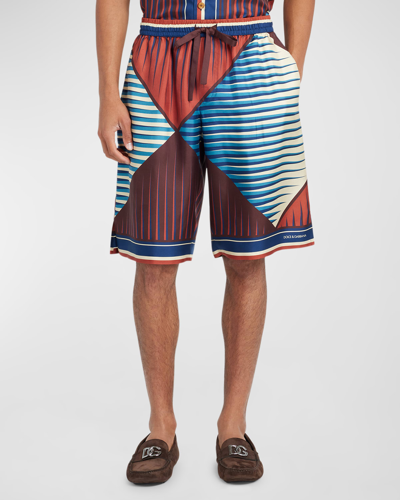 Shop Dolce & Gabbana Men's Optical Geometric-print Silk Shorts In Miscellan.