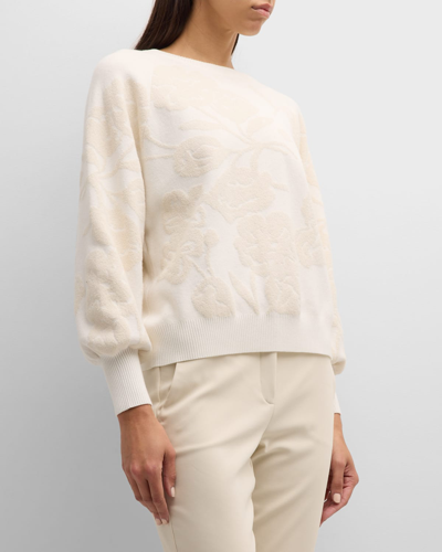 Shop Marella Isernia Blouson-sleeve Floral Jacquard Sweater In White Jacquard
