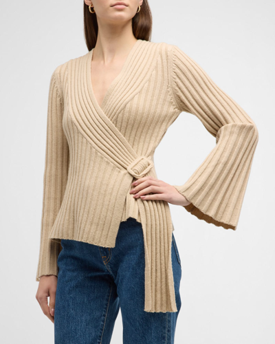 Shop By Malene Birger Jeyda Ribbed Wrap-front Flare-sleeve Sweater In Old Beige