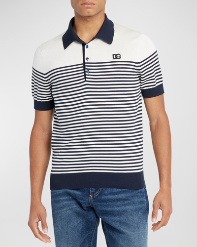 Shop Dolce & Gabbana Men's Striped Silk Polo Shirt In Natural