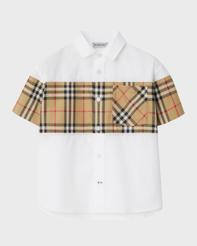 Shop Burberry Boy's Devon Check Inset Short-sleeve Shirt In White