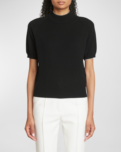 Shop Victoria Beckham Cashmere Puff-sleeve Top With Contrast Trim In Black
