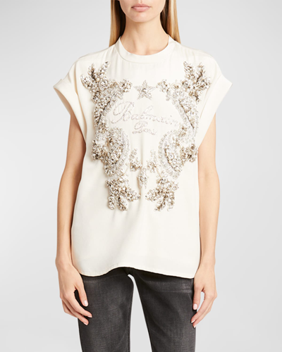 Shop Balmain Signature Paisley Embroidered T-shirt In White Multi