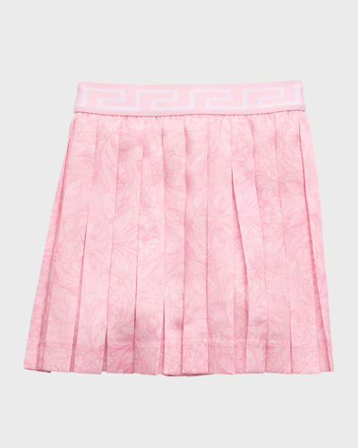 Shop Versace Girl's Barocco-print Pleated Twill Mini Skirt In Pale Pink