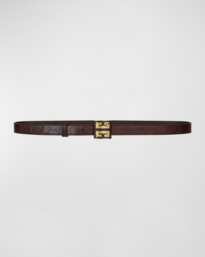 Shop Givenchy 4g Croc-embossed Leather & Brass Skinny Belt In Walnut Brown