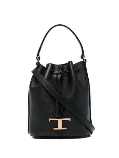 Shop Tod's Black Bucket Bag With Logo Pendant In Nero