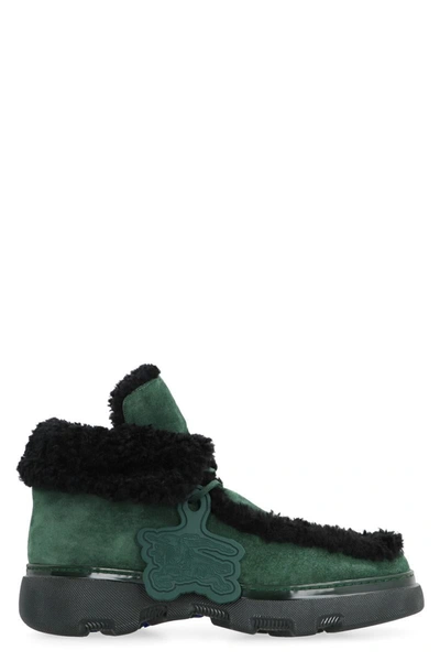 Shop Burberry Creeper Lace-up Suede Ankle Boots In Green
