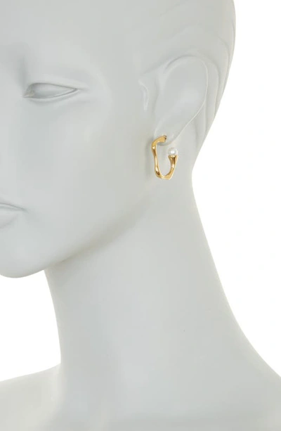 Shop Nordstrom Rack Waterproof Imitation Pearl & Wavy Hoop Earrings In White- Gold
