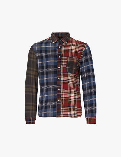Shop Beams Plus Mens Grey Checked-pattern Contrast-panel Regular-fit Cotton Shirt