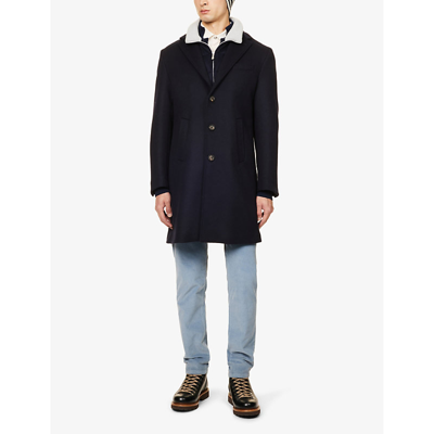 Shop Eleventy Men's Navy Funnel-neck Notched-lapel Regular-fit Wool And Cashmere-blend Coat In Blue