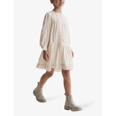 Shop Reiss Girls Ivory Kids Tavi Lace-embroidered Woven Mini Dress 4-14 Years In White