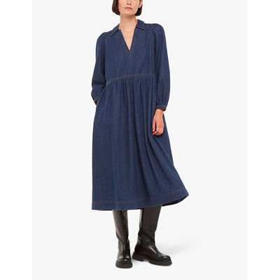Shop Whistles Women's Blue Rina Collared Denim Midi Dress