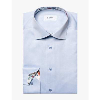 Shop Eton Men's Light Blue Signature Floral-print Slim-fit Organic Cotton-twill Shirt